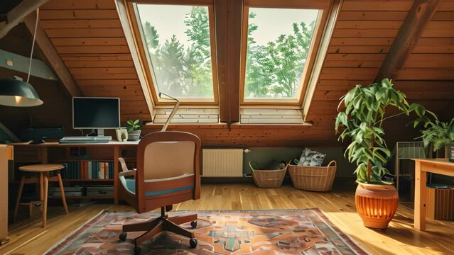 A room with a wooden floor and a large window in a cozy attic space with sloped ceilings, A cozy attic workspace with sloped ceilings and skylights