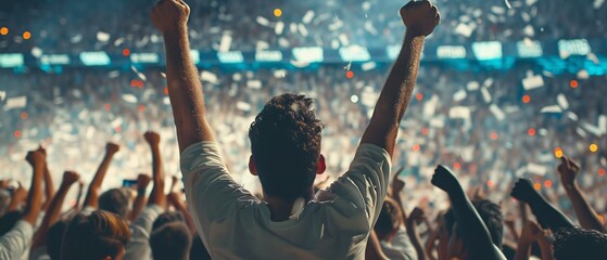 illustration of many sports fans cheering victory together happily and excited to watch their favorite football team in the football soccer stadium. Cheering sports fans wear white shirts.