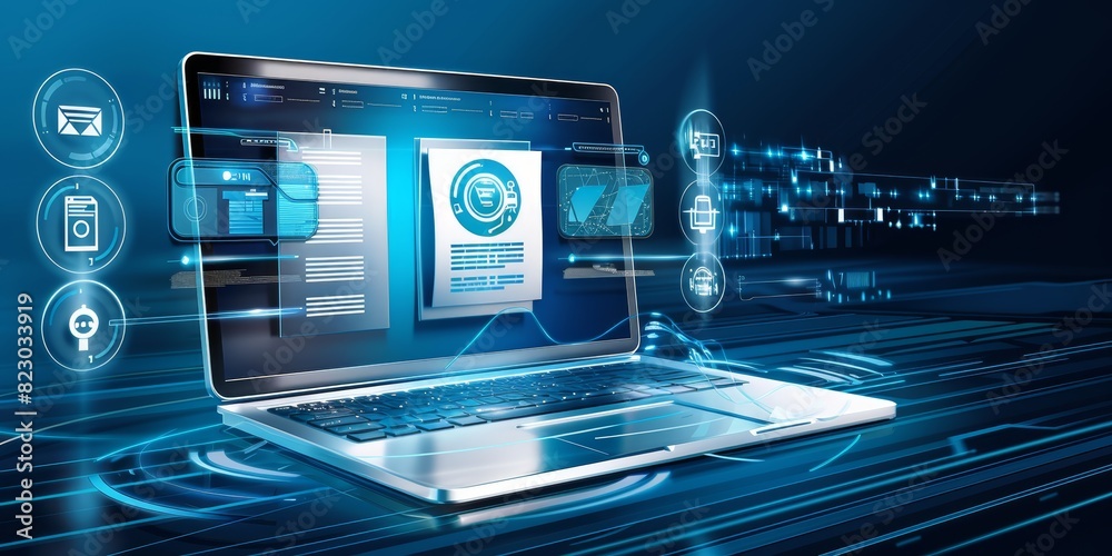 Poster A Laptop Screen Displaying Secure Data Files and Technological Interfaces in a Modern, Connected Environment, Generative AI