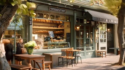 A store front with outdoor seating area in a charming street setting, A cozy bakery tucked away on a charming street corner