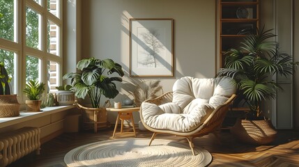 Cozy modern living room interior with natural light and green plants, creating a peaceful home environment. 