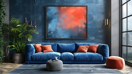 Modern living room with a blue sofa and vibrant abstract painting on a blue wall under natural light coming through large windows, illustrating a chic urban home interior design concept. 