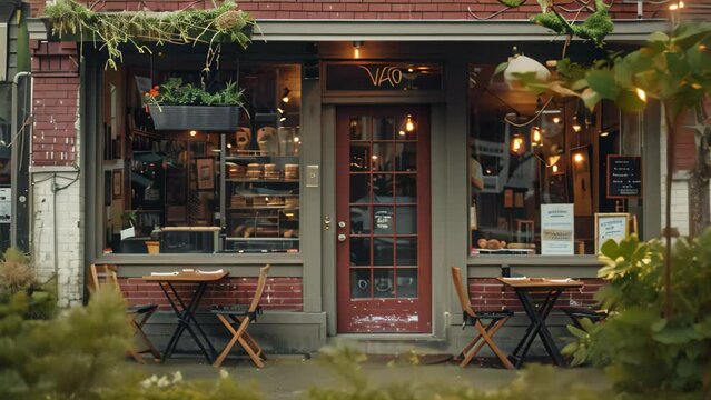 A red brick building with outdoor tables and chairs set up for patrons to enjoy, A cozy bakery tucked away on a charming street corner
