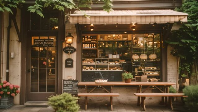 Storefront of a cozy bakery with a wooden bench in front on a charming street corner, A cozy bakery tucked away on a charming street corner