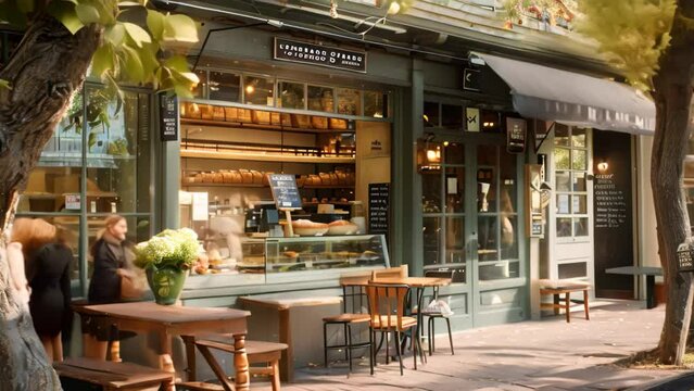 A store front with outdoor seating area in a charming street setting, A cozy bakery tucked away on a charming street corner
