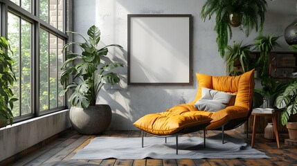 A cozy modern living room with a vibrant orange lounge chair, large windows, and indoor plants under soothing natural light. 