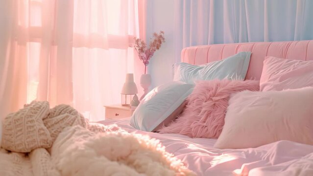 A bed adorned with pink and blue pillows and blankets in a cozy bedroom setting, A cozy bedroom decorated with pastel colors and fluffy pillows