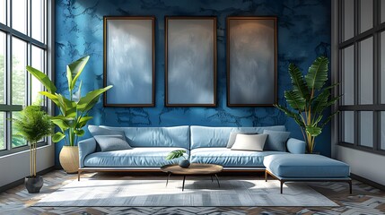 Modern living room interior with blue sofa, blank frames on wall, and large windows, inviting and stylish. 