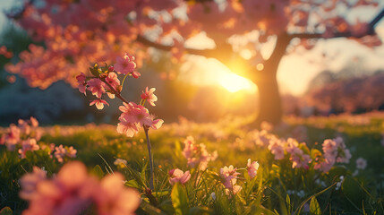 a field of pink flowers with the sun shining through - Powered by Adobe