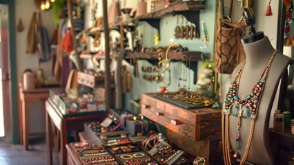 A room packed with an assortment of necklaces, earrings, and bracelets for sale in a cozy boutique, A cozy boutique selling handmade jewelry and accessories
