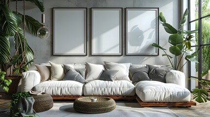 Modern living room interior with blank picture frames above a comfortable white sofa, surrounded by indoor plants and natural light  - Powered by Adobe