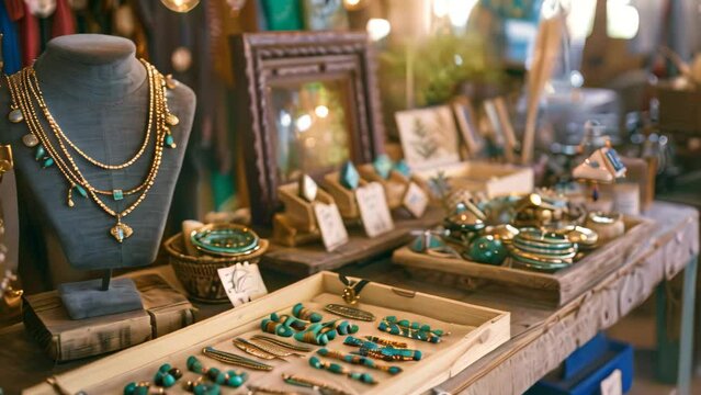 A table covered in a variety of handmade jewelry pieces, showcasing the unique craftsmanship and creativity of the boutique, A cozy boutique selling handmade jewelry and accessories
