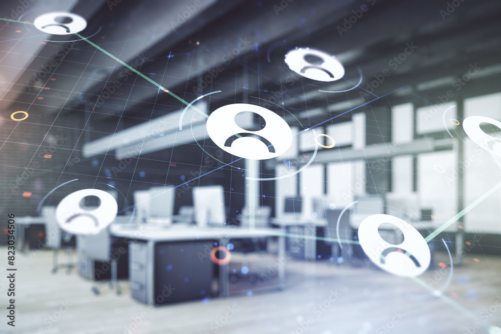 Poster abstract virtual social network hologram on a modern furnished classroom background. double exposure
