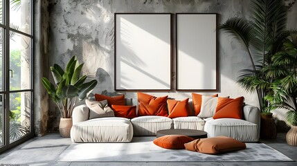 Modern living room interior with white sectional sofa, vibrant orange cushions, and blank twin picture frames on a textured wall, bathed in natural sunlight. 