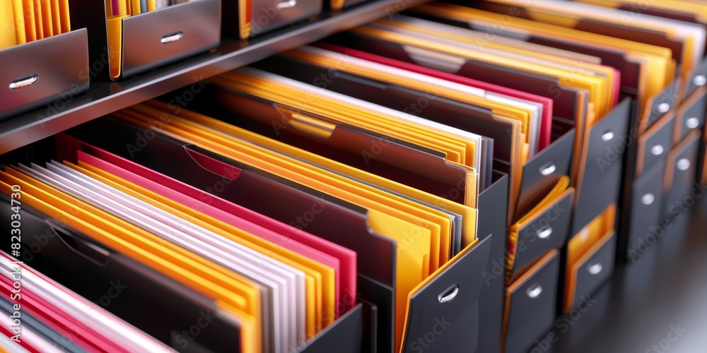 Poster Organized Files: Rows of Office Documents and Folders Neatly Arranged for Efficient Archiving and Information Management in a Business Environment, Generative AI