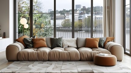 Modern living room with stylish sofa and scenic view through large windows, perfect for interior design concepts. 
