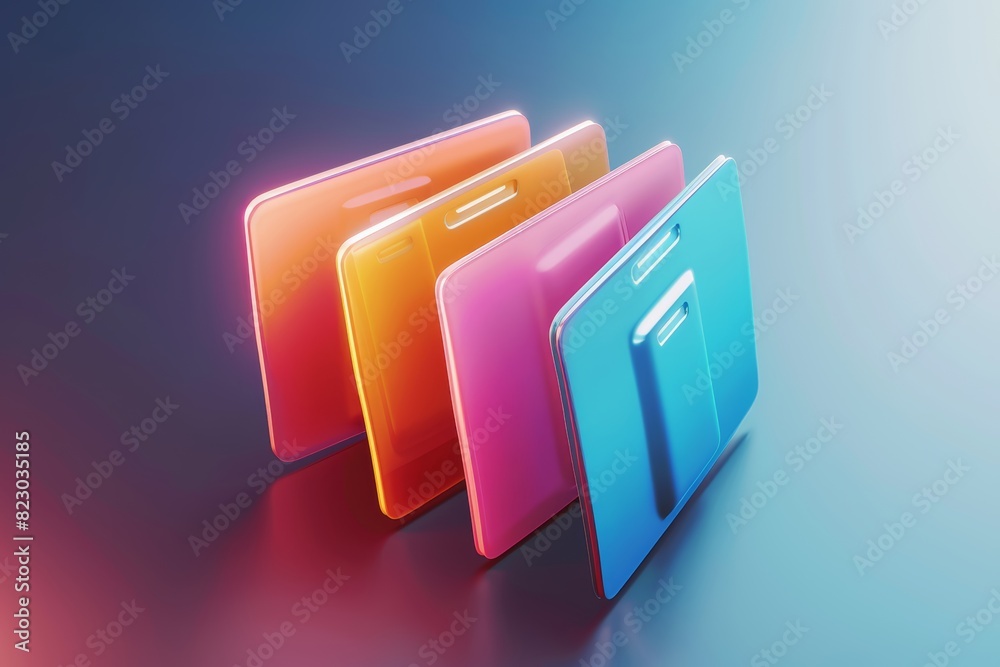 Poster futuristic digital folders: glowing neon icons representing data storage and cyber organization in a