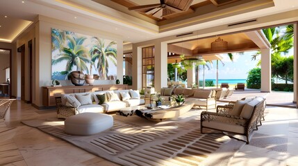 Luxurious tropical open living room with sea view perfect for high-end real estate listings and interior design inspiration. 