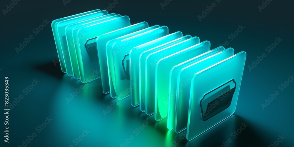 Poster Futuristic Digital Folders: Glowing Neon Icons Representing Data Storage and Cyber Organization in a Modern, Technological Setting, Generative AI
