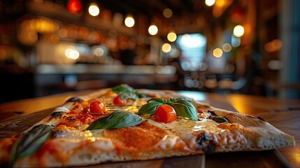 A delicious slice of pizza topped with fresh basil and cherry tomatoes in a cozy, warmly lit restaurant setting.