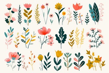 Fototapeta premium A vibrant, illustrated image showcasing a collection of stylized floral designs with a flat, abstract aesthetic