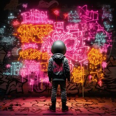 A person in a space suit stands in front of a wall covered in graffiti