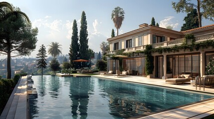 Luxurious villa with an outdoor pool overlooking a scenic landscape under a clear sky.