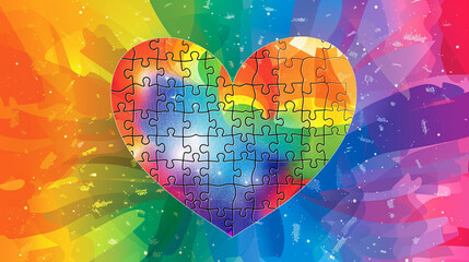 A heart filled with rainbow-colored puzzle pieces, assembled perfectly against a background with a gradient of rainbow shades.