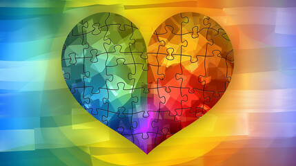 A heart filled with rainbow-colored puzzle pieces, assembled perfectly against a background with a gradient of rainbow shades.