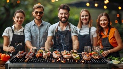 Fototapeta premium Group of colleagues having a barbecue in a company event