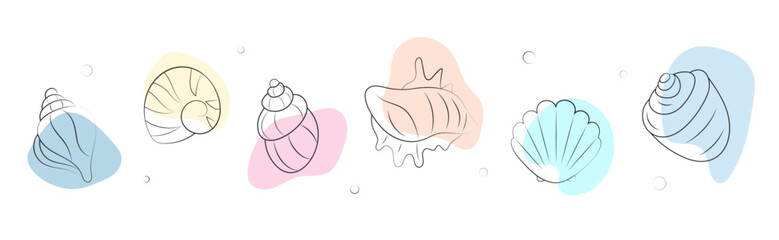 Set of seashells in boho doodle style. Marine life design elements collection.  Hand drawn vector illustration isolated on white background. 