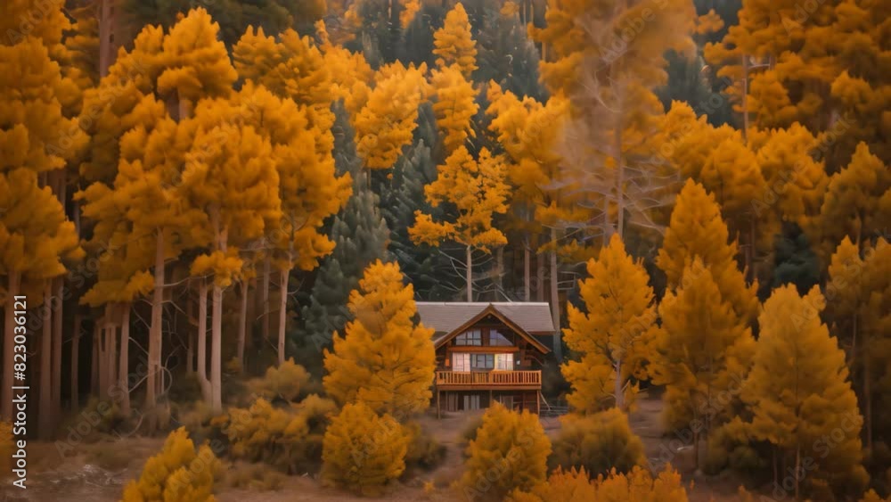 Wall mural A cabin nestled among thick trees in a forest, A cozy cabin nestled in a patch of golden-hued trees