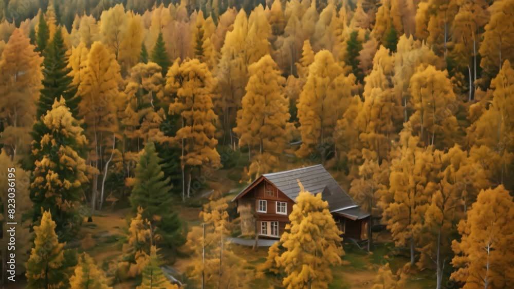 Wall mural A house nestled among trees in a forest setting, A cozy cabin nestled in a patch of golden-hued trees