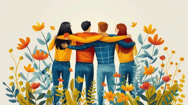 Colleagues congratulating each other with a group hug