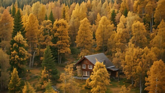 A house nestled among trees in a forest setting, A cozy cabin nestled in a patch of golden-hued trees