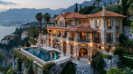 Luxurious mansion with a swimming pool overlooking a scenic coastal view at dusk with illuminated lights 