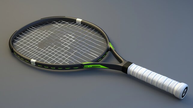 Tennis Racket: Tennis racket with a black handle and white and green details