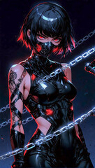 Portrait of an anime style cyberpunk female ninja warrior on a dark moody and atmospheric background