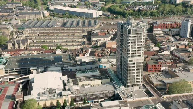 Swindon Town Centre From The Air. 4K Drone