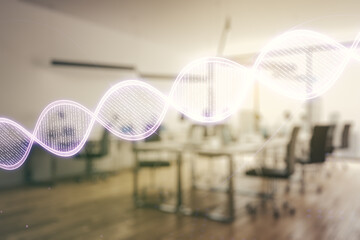 DNA hologram on a modern furnished office interior background, biotechnology and genetic concept....