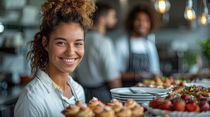 Coworkers sharing a dessert in the office kitchen
