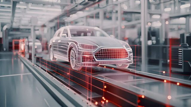 A holographic car design in a futuristic automotive factory
