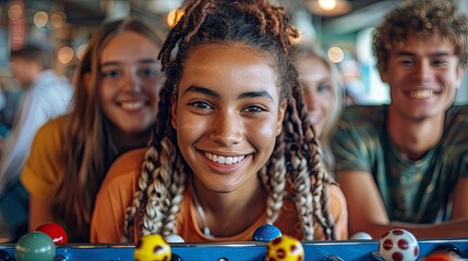 Office friends relaxing with a game of foosball