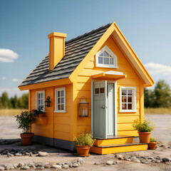 Obraz premium Small yellow house with a window and a door on the background of nature