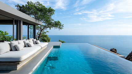 Fototapeta premium In a prestigious recreation center, located on a steep cliff, there is a large, sky-blue swimming pool oasis.