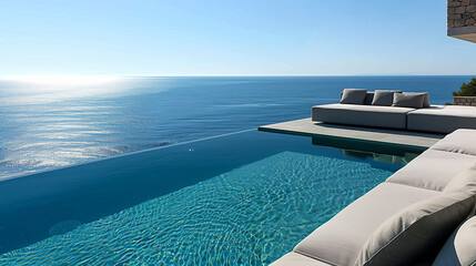 Obraz premium In a prestigious recreation center, located on a steep cliff, there is a large, sky-blue swimming pool oasis.