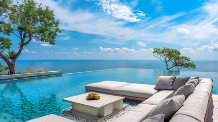Fototapeta premium In a prestigious recreation center, located on a steep cliff, there is a large, sky-blue swimming pool oasis.