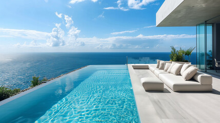 Fototapeta premium In a prestigious recreation center, located on a steep cliff, there is a large, sky-blue swimming pool oasis.