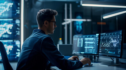 Fototapeta premium A man sits at a modern desk in an office, focused on a computer screen on which a modern program supported by artificial intelligence is open.