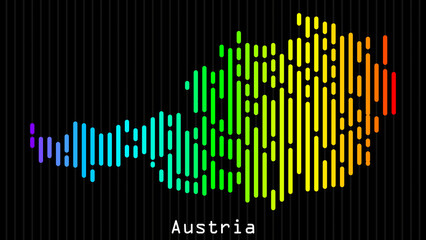 A map of Austria is presented in the form of colorful vertical lines against a dark background. The country's borders are depicted in the shape of a rainbow-colored diagram.